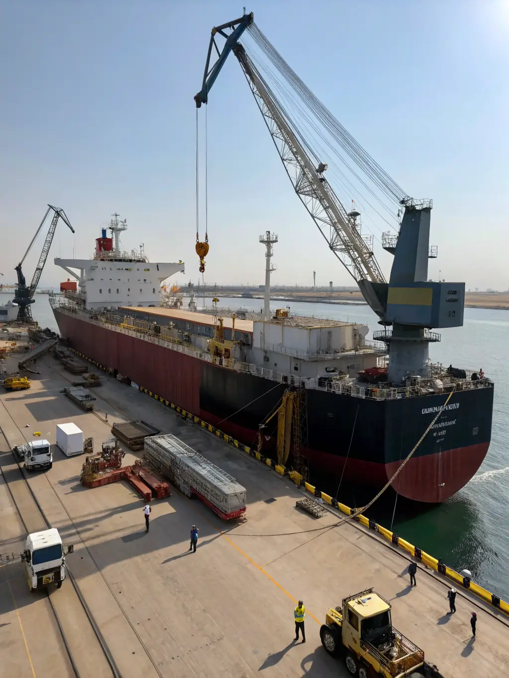A wide shot of a cargo ship being loaded with barrels of oil, emphasizing the global reach of the company.