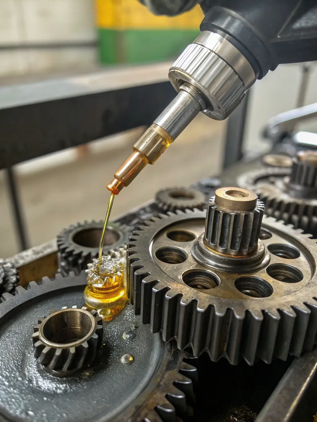 A close-up image of engine parts with lubricant being applied, emphasizing product quality and application.