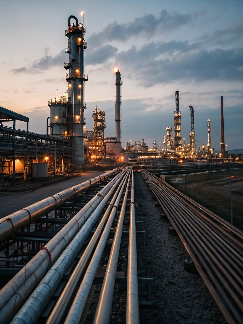 An image of a modern refinery with pipelines and storage tanks, highlighting the scale and sophistication of our production facilities.