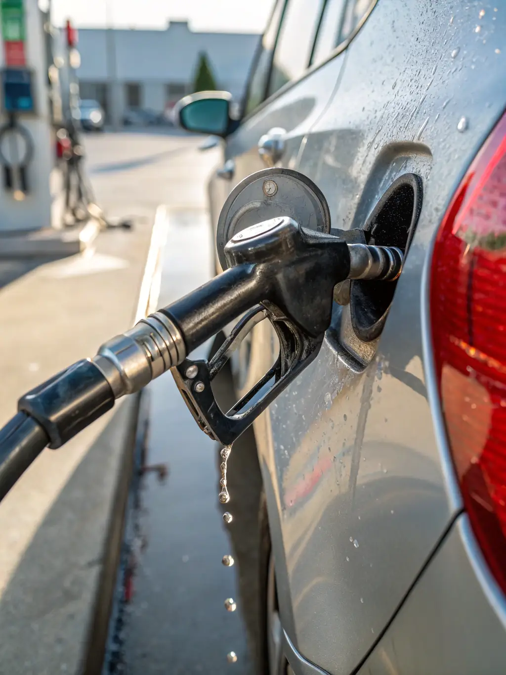 A high-quality photograph showcasing gasoline being pumped into a vehicle at a modern gas station, emphasizing the clarity and purity of the fuel, suitable for illustrating LLP "STANDARD PETROLEUM & Co"'s gasoline product.