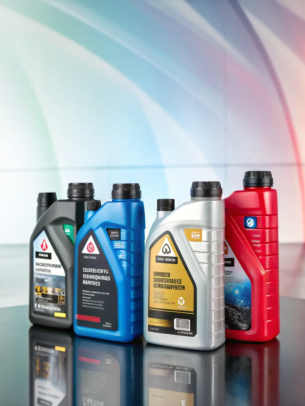 A photograph of various lubricant containers in a factory setting, showcasing the range of lubricant products offered by LLP "STANDARD PETROLEUM & Co", including automotive and industrial lubricants.