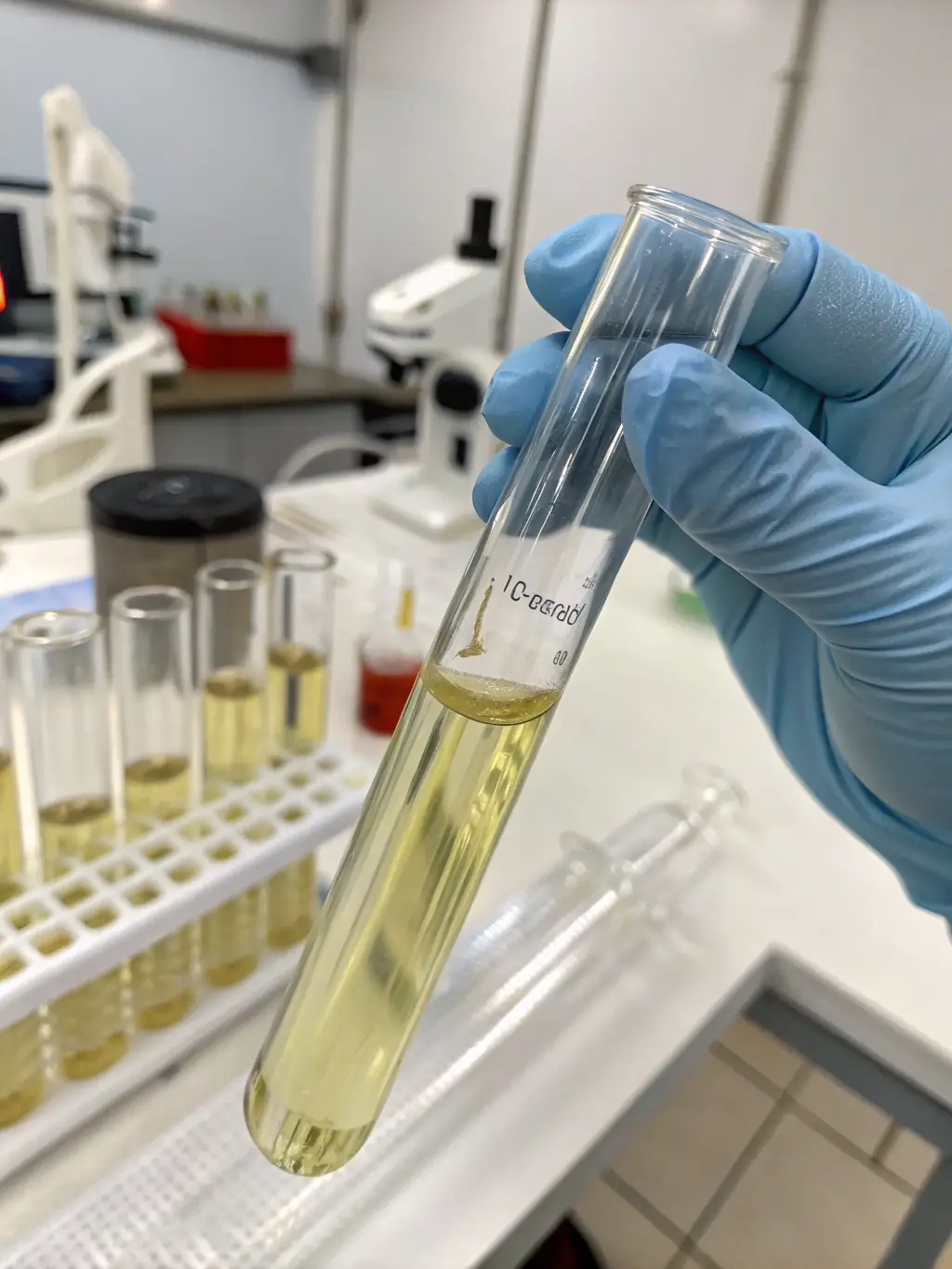 A detailed close-up image of diesel fuel being tested in a laboratory, highlighting its color and viscosity, to represent the quality control measures of LLP "STANDARD PETROLEUM & Co"'s diesel production.
